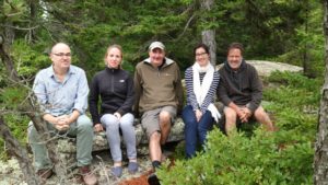 Some of my guests wanted to pose on the bench- Bruno, Clare, Dennis, Melissa and Bill enjoyed learning about the gardens, the woods and the property in general.