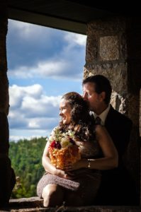 This photo was taken in  the pagoda next to the overlook garden. Mike and Christina are looking out over Seal Harbor towards Little Cranberry Island. Christina also created her own bouquet out of dahlias and hydrangeas picked at Skylands.