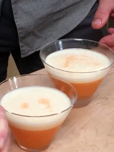 The cocktail included vodka, lemon juice, passion fruit syrup, Aperol, and egg whites. I added a little drizzle of Aperol on top - it is my favorite aperitif. Watch our show for the complete recipe - it's a delicious drink!