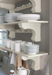 My design team works diligently to recreate looks that are inspired by my own kitchens. I love using decorative corbels under my open shelves.
