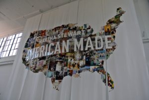 The back wall of our clerestory, above our stage, was embellished with a giant print of the United States by Spoonflower, a maker and 2013 American Made Honoree that specializes in custom print fabrics. http://www.spoonflower.com