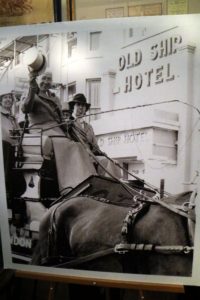 This is the Old Times public road Coach built by Cowland & Selby in 1866. In this photo, it is leaving Piccadilly, London by its previous owner, George Mossman. It is now owned by Harvey and Mary.
