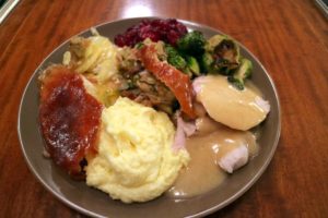 A scrumptious Thanksgiving meal with all the trimmings. The mashed potatoes were made using my mother's recipe, which incorporates cream cheese for a rich and delicious taste. It's the same recipe in our Martha & Marley Spoon Thanksgiving meal kit.