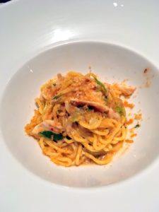 This pasta is spaghetti with blue crab, bottarga chilies and lemon.
