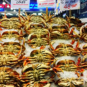 One of the main attractions is the fish market, where you can find lots of delicious fresh seafood, including these giant Dungeness crabs - some weighing as much as four-pounds each.