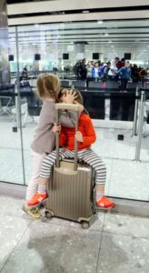 Jude and Truman are always so excited to travel. These Rimowa multi-wheel titanium suitcases made perfect rides for them when moving through the crowded airports.  http://www.rimowa.com/