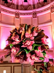 These colorful orchids look so dramatic on the geometric black and white tablecloth.