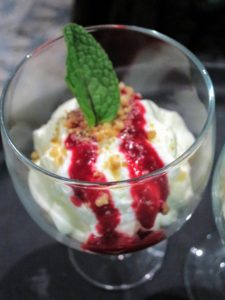 For dessert - a cheesecake mousse with a benne safe crust and raspberry puree.