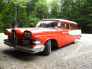 I'm sitting in a very special vintage 1958 Edsel. It is my two-door six-passenger station wagon called a Roundup and only 963 were produced.