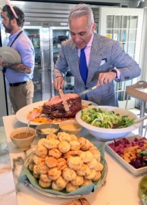 Here is my dear friend, Chef Geoffrey Zakarian, cutting slices from one of the bourbon brandy glazed hams. Geoffrey brought a delectable white asparagus ice cream for dessert.