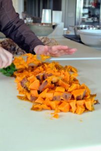 Meanwhile, I chopped up six large boiled sweet potatoes. Sweet potatoes are great for digestive health because they're high in dietary fiber. They're also low in fat and contain vitamin B6, vitamin C, and manganese, and they're rich in the powerful antioxidant beta-carotene.