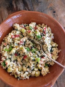 Tabouleh is a Mediterranean vegetarian dish, sometimes considered a salad, and traditionally made of tomatoes, finely chopped parsley, mint, bulgur and onion. Originally from the mountains of Syria and Lebanon, tabbouleh has become one of the most popular dishes in the Middle East.