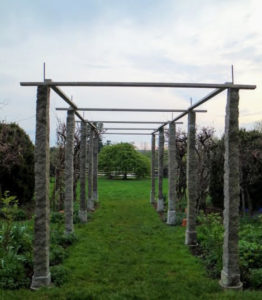 Here are the newly installed stone uprights for a new pergola. This one extends from the center of the clematis pergola into the southeast paddock.