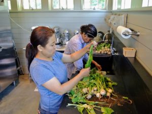 Here are Laura and Sanu cleaning the onions and turnips. Turnips are actually washed in cold water, while onions are just wiped clean.