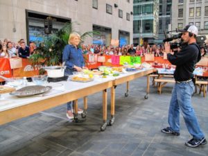 Here I am on set during the tease to our segment - I am cutting up some cabbage for our dilled cabbage-and-cucumber slaw.