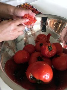 After the tomatoes are cool enough to touch, Enma peels off the skins, cut them in half and removes all the seeds – boiling them really makes this task so easy to do.