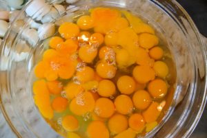 We used about 30-eggs for our bisteeya. The eggs are scrambled in butter with lemon juice, salt, and pepper until fairly stiff.