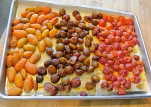 Here are the tomatoes for our confit fresh out of the oven. All these tomatoes were just harvested from my garden - we had so many beautiful cherry tomatoes this season.