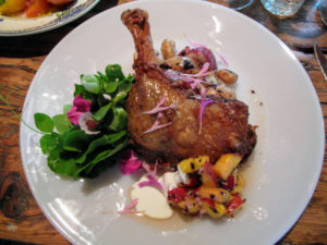 Our entree was duck confit with peach salsa, roasted potatoes, and arugula - delicious.