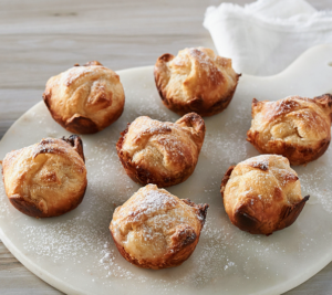For dessert, kouign amann sweet pastries - rich, buttery dough dusted with sweet sugar, folded, and baked into moist, flaky bites.
