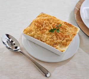 And my favorite macaroni & cheese - made with sharp white cheddar, gruyere, fontina, and Parmigiano cheese, butter, milk, and cayenne pepper; blended with elbow macaroni noodles; and topped with melted butter, panko bread crumbs, and more crumbled cheeses.