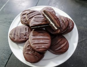 These are a Chocolate Mint Sandwich Cookies. These are great for any time of year - and kids love them.