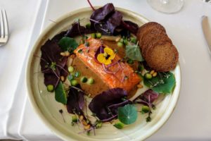 Our meal included this delicious salmon and micro-greens salad with cucumber balls, pine nuts, and a flavorful vinaigrette.
