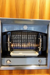 This is a rotisserie by La Cornue. This is great for roasted chickens and turkeys and ducks. The radiant heat roasts easily and slowly and the fat drops down into the tray.
