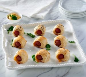 And, everyone's favorite appetizer - my all-beef franks wrapped in puff pastry. I will have more of these for you, so be sure to tune in!