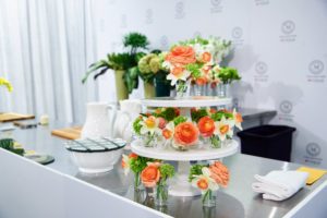 Here is our stacked cake stands with spring flowering bulbs arrangement. We displayed these flowers on 10-inch and 12-inch white cake stands from my collection exclusively at Macy's. Each bloom was cut short and placed in a shot glass for display. (Photo by Kent Miller)