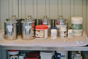 We keep all the powders in these uniform stainless steel containers, for easy reach and distribution – again everything is well labeled.