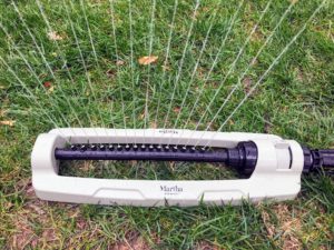 This sprinkler fits any garden hose and measures 16-inches long. Plus, it comes in black, mint and slate to match all the other useful tools in my Garden Collection.
