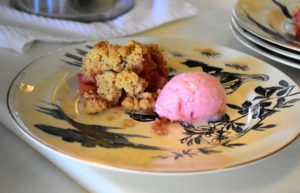 Chef Pierre plated dessert - our rhubarb crisp with creme fraiche and rhubarb sorbet.
