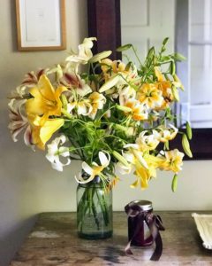 I brought Phoebe and Mike some of the beautiful yellow and white lilies from my garden and a jar of raspberry jam I made the week before from raspberries picked from my bushes. It has been such a wonderful berry season.