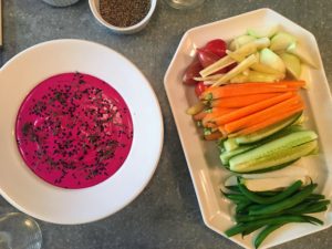On this day, we had a Middle Eastern beet dip, made from roasted red beets from the garden, Greek yogurt, lemon, garlic, and salt. It was served with a fresh home grown crudité platter.