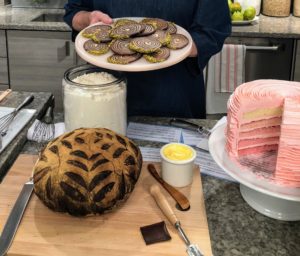 Here I am holding a plate of our woodland faux bois cookies. In the forefront is our artisanal boule bread that I made just a couple weeks ago in our "decorative breads" show.
