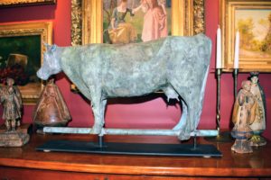 Wayne has many beautiful antique weather vanes such as this cow with a beautiful patina - the green or brown film on the surface of bronze or similar metals, produced by oxidation over a long period of time.