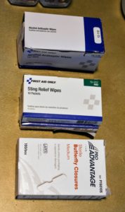 We also made sure to include sting relief wipes as well as butterfly closures, which are applied across small lacerations to pull the skin on either side of the wound together.