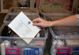 One laminated list is placed in the front of each box. And if needed, you can also include first aid instruction booklets, available from the American Red Cross, for guidance and reference.