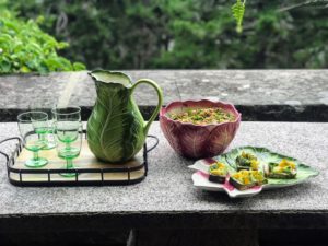 Outside, Kevin photographed the Farmhouse Cabbage Pitcher and goblets with the Farmhouse Cabbage Serving Bowl and my Farmhouse Turnip Platters - they all coordinate so well together. The Farmhouse Wood & Wire Tray is also from my collection.