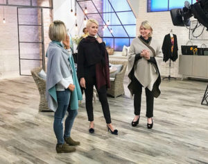 And here I am with QVC host, Kerstin Lindquist, showing off these great Ruanas - Kerstin in the hosta green and gray, our model in the chianti and navy blue and myself in the mocha and cobblestone.