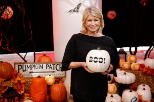 We decorated two of our large studios complete with all sorts of fun Halloween decorations from my collection at Michaels. Here I am in our pumpkin patch holding a white Michaels craft pumpkin painted with stencils made with the Cricut Explore Air™ 2 Martha Stewart Edition. (Photo by Brian Ach/Getty Images for Michaels)