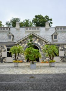 During the warmer months, I love to decorate the stable courtyard with large tropical plants – these potted palms add such a pretty touch to the natural stone color. Behind them are displays of some of our great pumpkins harvested from the garden - they look so charming flanking the giant stable doors.