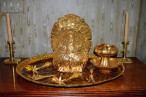 In my entrance hall, another gold leafed papier mache turkey sits on this antique table. I have a large collection of turkeys - I love taking them out for the holiday. After all, I once lived on "Turkey Hill Road".