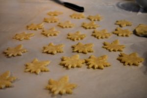 Molly makes lots of small autumn themed decorations for the pies. These are maple leaves. The decorations will be baked separately and then placed on the pie at the end - this allows for pieces to be moved onto each individual piece of pie when served.