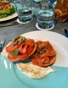 I had the Smoked Salmon and Bagel Stack with a cream cheese smear, beefsteak tomatoes, red onions and capers. Be sure to go to my Instagram page @MarthaStewart48 to see our dessert - the Blue Box cake.