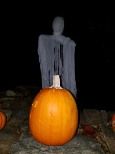 The pumpkins appeared lit up as a ghosts flew overhead – all frightfully fun. Everything was set in time for the parade of costumed children to arrive at my gate.