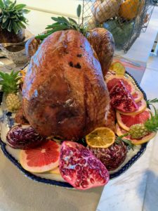 I used large turkey decorated platters for the impressively large turkeys - each between 18 and 25 pounds. They were plated with citrus and sprigs of rosemary from my garden. I am so fortunate to have fresh herbs growing all year long.