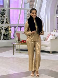 This stole scarf is a perfect gift for anyone on your list - here it is paired with my Zip Front Woven Sequin Pants and blouse. It works with any outfit, and keeps you so cozy warm under your coat or jacket.