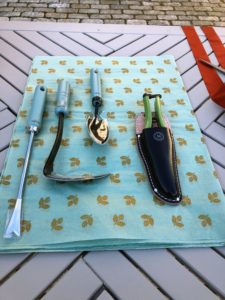 Here is a closer look -on the left, my 3-Piece Japanese Authentic Tool Kit all made with rugged steel blades and hardwood handles. The kit includes a weeder, sickle hoe, and a spoon trowel. On the right - my Easy Grip Secateurs with Protective Sheath, also available separately on Amazon.